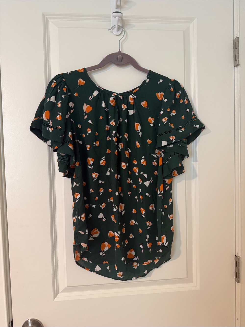 Ann Taylor Dark Green Floral Flutter-Sleeve Blouse